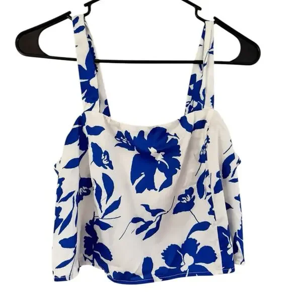 NWT Petal And Pup White Blue Floral Satin Crop Top Women’s Size Small - Picture 2 of 6